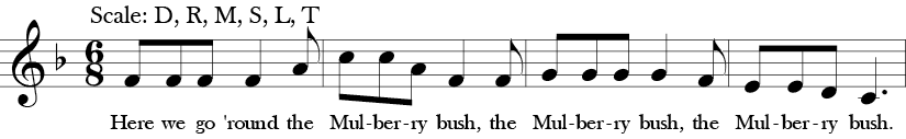 6/8 Time Signature. F Major. First 4 measures of "Mulberry Bush" with melody that is without Bb or the Fa in solfege.