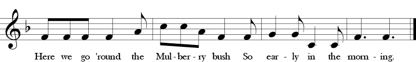 6/8 Time Signature. F Major. Last 4 measures of "Mulberry Bush" with melody that is without Bb or the Fa in solfege.