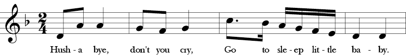 2/4 Time Signature. D minor. First 4 measures of "All the Pretty Little Horses." Open 5th in the melody ending with a descending motion back to D.