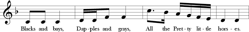 2/4 Time Signature. D minor. Third 4 measures of "All the Pretty Little Horses." First two measure vary, but the last two repeats same notes but different lyrics..