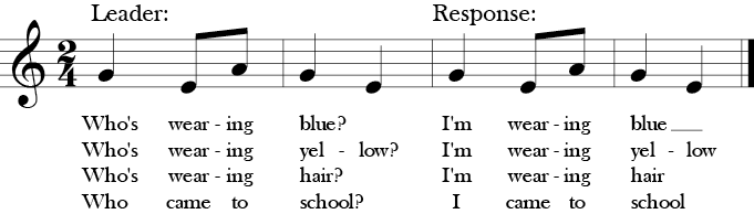 2/4 Time. No sharps and flats. Simple 4 measure song with three notes G-E-A titled "Who’s Wearing Blue?"