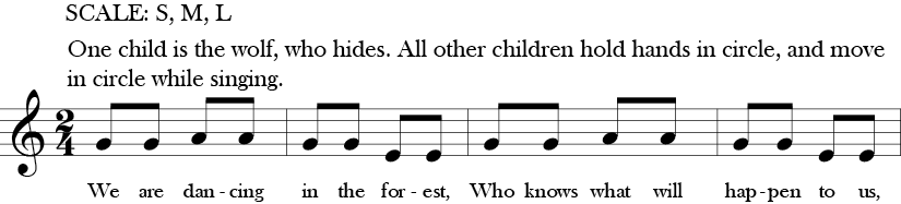 2/4 Time Signature no sharps or Flats. First four measures of "We are Dancing in the Forest" with only three notes G, A, and E.