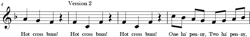 4/4 Time Signature. F Major. Second 4 measures of "Hot Cross Buns" with ending of first phrase and then version 2 has melodic 4th F to C leading to C descending and ascending.