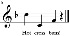 4/4 Time Signature. F Major. Last measure of "Hot Cross Buns" with a melody C to C then F to end.