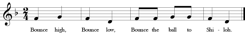 2/4 Time signature. F Major. Song "Bounce High" with four measure melody of F, G, D or Do, Re, La in solfege..