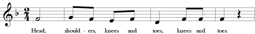 2/4 Time signature. F Major. First 4 measures of "Head, Shoulders, Knees, and Toes."