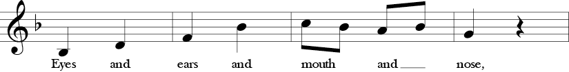 2/4 Time signature. F Major. Third 4 measures of "Head, Shoulders, Knees, and Toes."