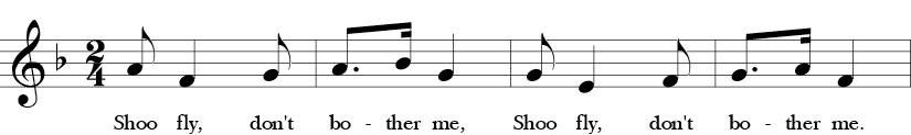 2/4 Time signature. F Major. First 4 measures of "Shoo Fly."