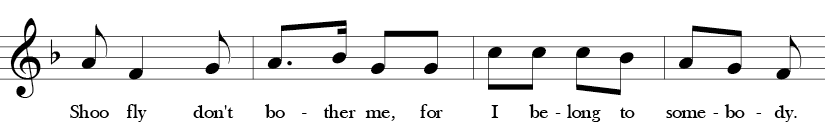 2/4 Time signature. F Major. Second 4 measures of "Shoo Fly."