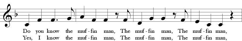 6/8 Time Signature. F Major. First four measures of "Do You Know the Muffin Man?"