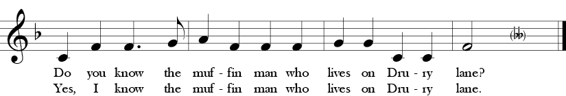 6/8 Time Signature. F Major. Last four measures of "Do You Know the Muffin Man?"