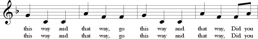 3/4 Time Signature. F Major. Third four measures of "Did You Ever See a Lassie?" Melody focuses on a downward interval.