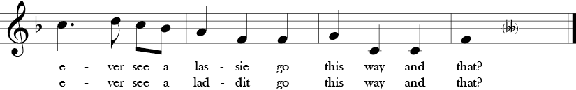 3/4 Time Signature. F Major. Last four measures of "Did You Ever See a Lassie?" 