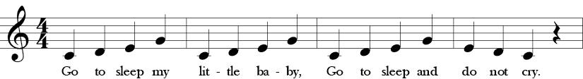 4/4 Time Signature. C Major. First 4 measures of "Go to Sleep" with a repeated C-D-E-G motive resolving in the last measure with E-D-C.