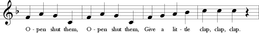 4/4 Time Signature. F Major. First 4 measures of "Open Shut Them." Melody F-A-G-C in first two measures ascends in measure three to end C-C-C.