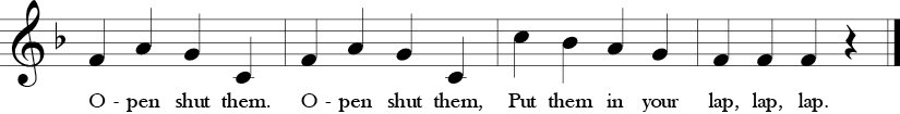 4/4 Time Signature. F Major. Last 4 measures of "Open Shut Them." Melody repeats first 4 measures but different lyrics in last two measures.