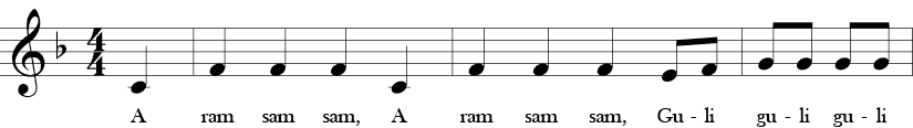 F Major. 4/4 Time Signature. Pick up to first 2.5 measures of A Ram Sam Sam.