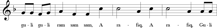 F Major. 4/4 Time Signature. Pick up to secon three measures of A Ram Sam Sam.