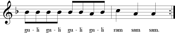 F Major. 4/4 Time Signature. Last two measures of A Ram Sam Sam.