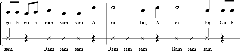 F Major. 4/4 Time Signature. Pick up to second three measures of A Ram Sam Sam. This score has two vocal parts. First labled melody and the other labled ostinato 1.