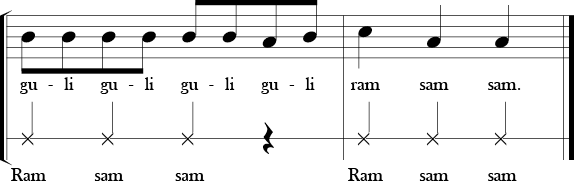 F Major. 4/4 Time Signature. Last two measures of A Ram Sam Sam. This score has two vocal parts. First labled melody and the other labled ostinato 1.