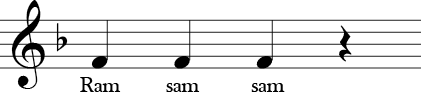 F Major. 4/4 Time Signature. One measure that shows measure one of ostinato 1