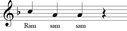 F Major. 4/4 Time Signature. One measure that shows measure two of ostinato 1