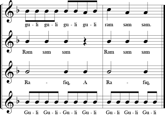 F Major. 4/4 Time Signature. Last two measures of A Ram Sam Sam. This score has four vocal parts and are sung ostinatos. First labeled melody and the other three labled ostinato 1-3