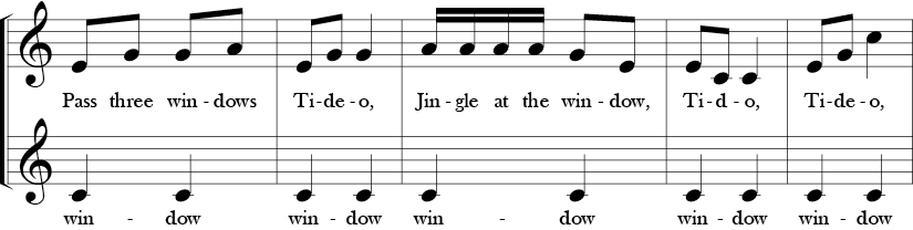 C Major. 2/4 Time signature. Second five measures of 2 part vocal piece, Tideo. First part labeled melody and second drone. The drone repeats the C note throughout.