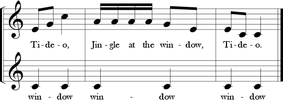 C Major. 2/4 Time signature. Last three measures of 2 part vocal piece, Tideo. First part labeled melody and second drone. The drone repeats the C note throughout.