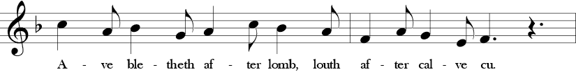 F Major. 12/8 Time Signature. Third two measures of treble clef single melody song Sumer Is Icumin In.