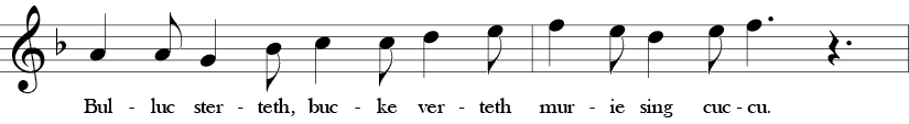 F Major. 12/8 Time Signature. Fourth two measures of treble clef single melody song Sumer Is Icumin In.