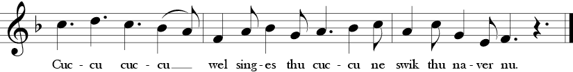 F Major. 12/8 Time Signature. Fifth three measures of treble clef single melody song Sumer Is Icumin In.