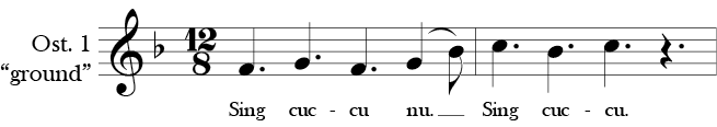 F Major. 12/8 Time Signature. Two measure Ostinato in Sumer Is Icumin In. Labeled Ostinato 1.