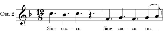 F Major. 12/8 Time Signature. Two measure Ostinato in Sumer Is Icumin In. Labeled Ostinato 2.