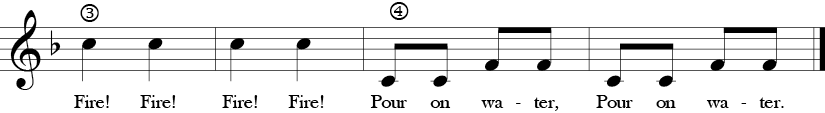 F Major 2/4 Time Signature. Last four measure of Scotland's Burning.