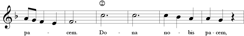 F Major 3/4 Time Signature. Second six measures of Dona Nobis Pacem.