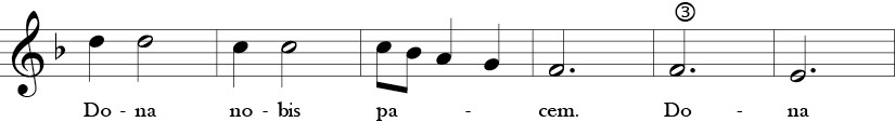 F Major 3/4 Time Signature. Third six measures of Dona Nobis Pacem.