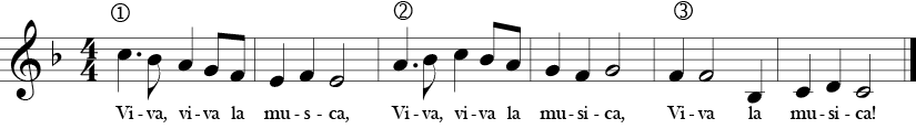 F Measure. 4/4 Time Signature. Six measures of the song Viva la Musica!