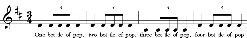 D Major. 3/4 Time Signature. First four measures of song One Bottle of Pop.