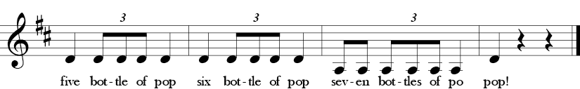 D Major. 3/4 Time Signature. Second four measures of song One Bottle of Pop.