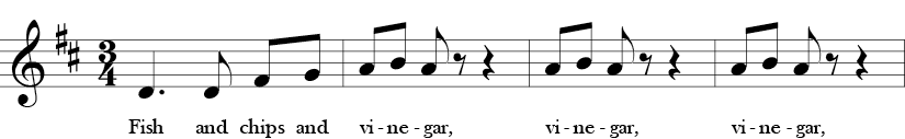 D Major. 3/4 Time Signature. First four measures of song Fish and Chips and Vinegar.