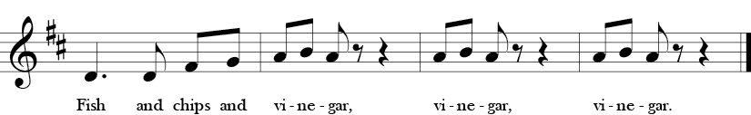 D Major. 3/4 Time Signature. Second four measures of song Fish and Chips and Vinegar.