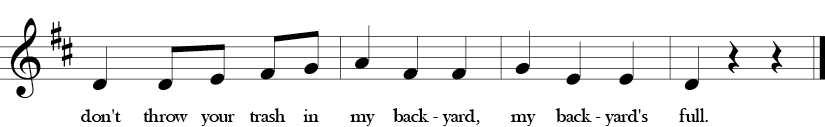 D Major. 3/4 Time Signature. Second four measures of song Don't Throw Your Trash.