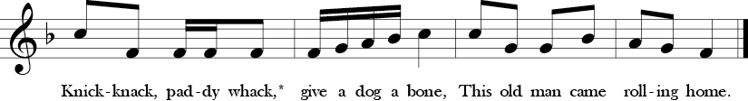 F Major. 2/4 Time Signature. Last four measures of This Old Man.