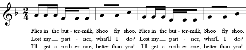 F Major. 2/4 Time Signature. First four measures of Skip to My Lou.