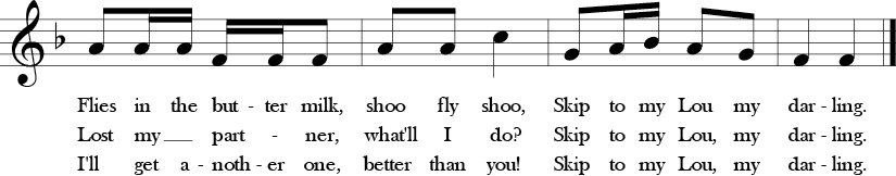 F Major. 2/4 Time Signature. Last four measures of Skip to My Lou.