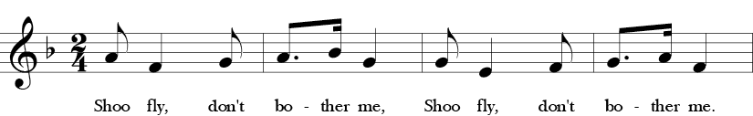 F Major. 2/4 Time Signature. First four measures of Shoo Fly.