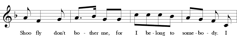 F Major. 2/4 Time Signature. Second four measures of Shoo Fly.