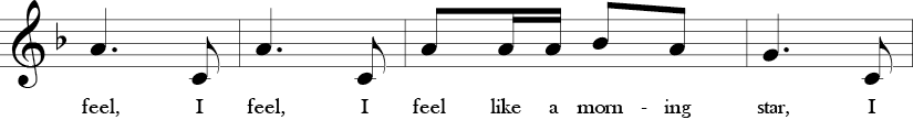 F Major. 2/4 Time Signature. Third four measures of Shoo Fly.